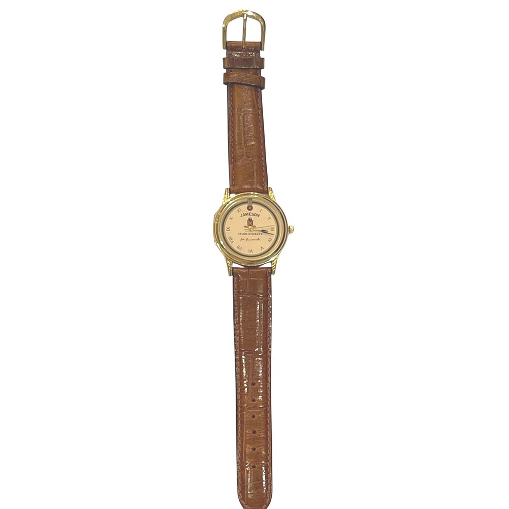 Jameson Irish Whiskey Watch Gold Tone Cream Dial Brown Leather Strap Untested